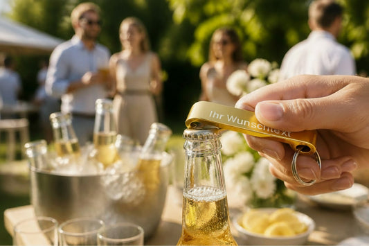 goldener Flaschenöffner mit Schlüsselring - individuell veredelt