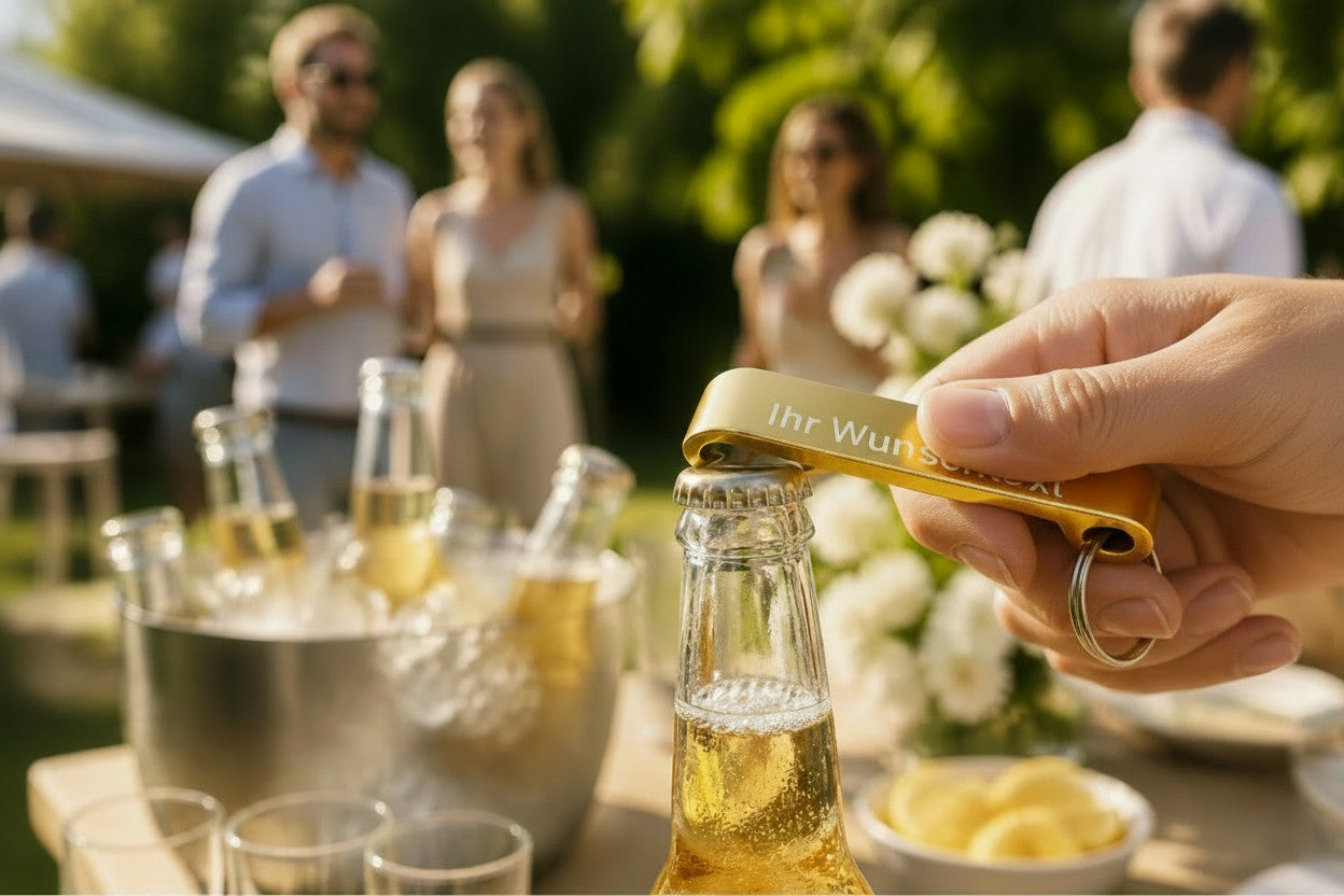 goldener Flaschenöffner mit Schlüsselring  - individuell veredelt
