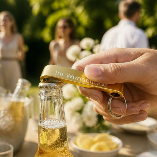 goldener Flaschenöffner mit Schlüsselring  - individuell veredelt